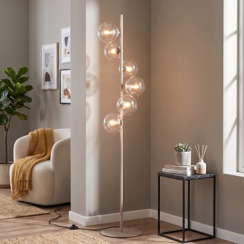 Moderne Cluster-vloerlamp Gastor met 6 heldere glazen bollen, ø 34 cm, met voetschakelaar