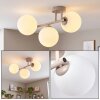 Moderne plafondlamp Gastor met drie ronde witte glazen bollen en zandkleurig armatuur