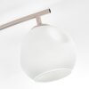 Moderne plafondlamp Ripoll met gebogen armatuur en 4 witte glazen bolkappen