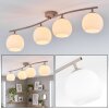 Scandinavische plafondlamp Koyoto met vier ronde witte glazen kappen en gebogen arm