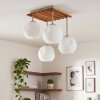 Cluster-plafondlamp Ripoll, houten lamellen, witte glazen bollen voor de eettafel