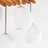 Cluster-plafondlamp Ripoll, houten lamellen, witte glazen bollen voor de eettafel