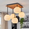 Cluster-plafondlamp Koyoto met houten lamellenplaat en 5 witte glazen bollen