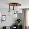 Cluster-plafondlamp Koyoto met houten lamellenplaat en 5 witte glazen bollen