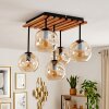 Moderne plafondlamp Ripoll met houten lamellen, 5 amberglazen bollen