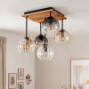 Moderne Cluster-plafondlamp Koyoto met houten lamellenplaat, 5 amber glazen bollen