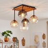 Moderne Cluster-plafondlamp Koyoto met houten lamellenplaat, 5 amber glazen bollen