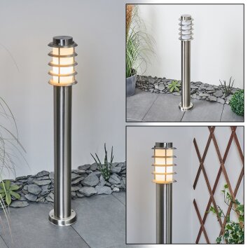 Moderne padverlichting met cilindrische lamellenkap, nikkelmatte constructie en witte kap