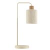 Brilliant Tafellamp Arlo met gebogen arm, beige cilindrische stoffen kap en houten detail