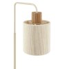 Brilliant Tafellamp Arlo met gebogen arm, beige cilindrische stoffen kap en houten detail